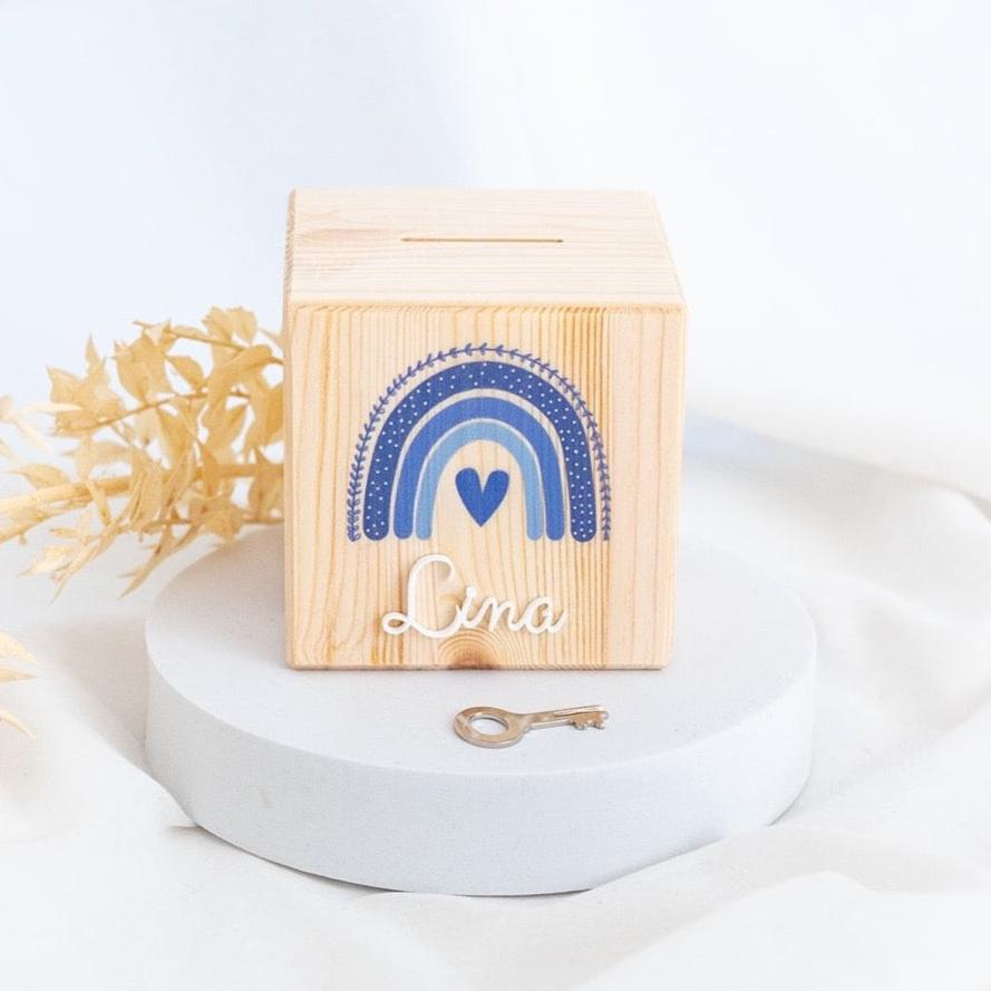 Spardose Holz mit Acryl personalisiert - Regenbogen blau Aquarell - wunderwunsch